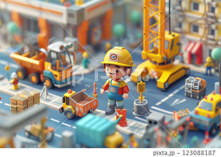 A colorful construction scene with a cartoon worker and various machinery. 123088187