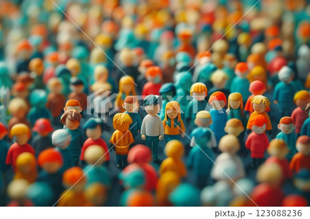 A crowd of diverse figurines representing various individuals and emotions. 123088236