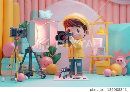A cute character with a camera in a vibrant photography studio setup. 123088241