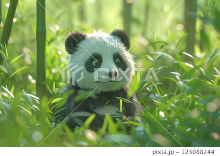 A cute panda resting among lush bamboo greenery, showcasing nature's tranquility. 123088244