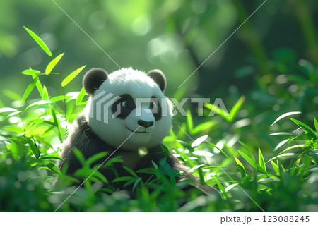 A cute panda sitting amidst lush green bamboo, radiating charm and tranquility. 123088245
