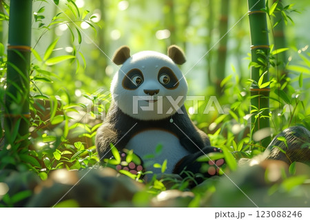 A cute panda sitting among lush bamboo in a vibrant, green environment. 123088246