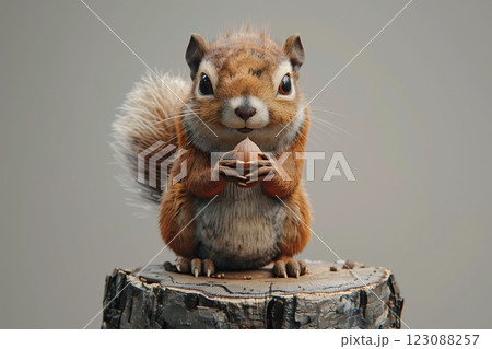 A cute squirrel holding an acorn while sitting on a wooden stump. 123088257