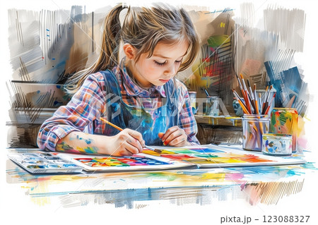 A focused girl painting with vibrant colors in a cozy, creative environment. 123088327