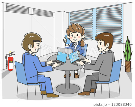 オフィス共用スペースで打合せの3人グループ 123088340