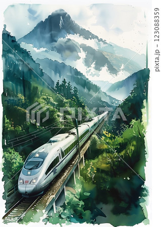 A high-speed train travels through a lush green landscape beneath towering mountains. A high-speed train travels through a lush green landscape beneath towering mountains. 123088359