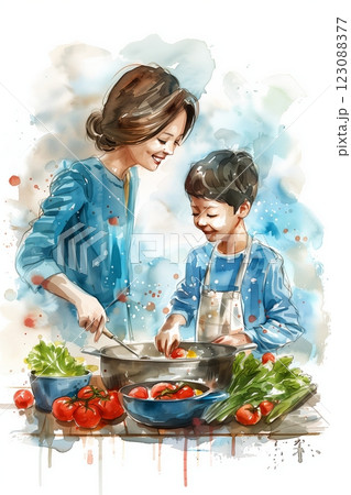 A joyful cooking moment between a mother and her son with fresh vegetables. A joyful cooking moment between a mother and her son with fresh vegetables. 123088377