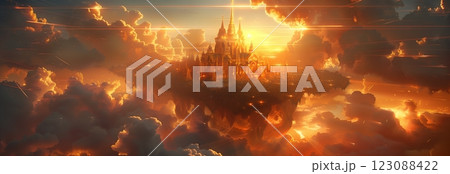 A majestic floating castle surrounded by fiery clouds at sunset, evoking wonder. 123088422