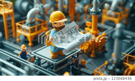 A miniature construction worker examines blueprints in an industrial setting. A miniature construction worker examines blueprints in an industrial setting. 123088436