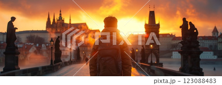 A person gazes at a stunning sunset over a historic city bridge, capturing travel inspiration. 123088483