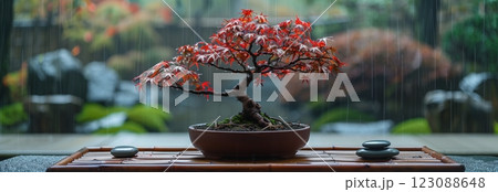 A serene bonsai tree with vibrant red leaves displayed indoors amidst tranquil surroundings. 123088648