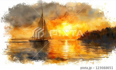 A serene sunset with a sailboat gliding across tranquil waters in vibrant hues. 123088651
