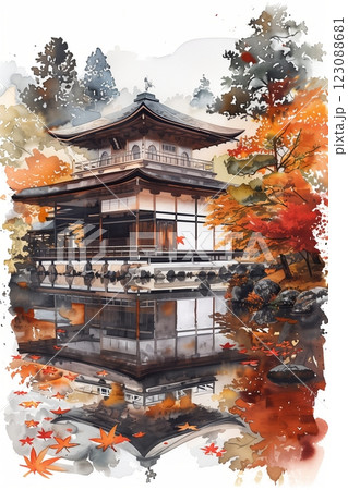 A serene autumn scene featuring a traditional Japanese house reflecting in a tranquil pond. A serene autumn scene featuring a traditional Japanese house reflecting in a tranquil pond. 123088681