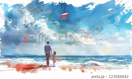 A serene beach scene capturing a child and parent flying a kite under vibrant skies. 123088682