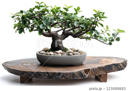 A serene bonsai tree displayed on a wooden slab, showcasing nature's beauty indoors. A serene bonsai tree displayed on a wooden slab, showcasing nature's beauty indoors. 123088683