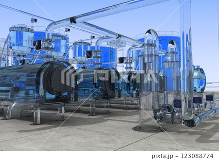 oil refinery, glass factory, exterior visualization, 3D illustration 123088774