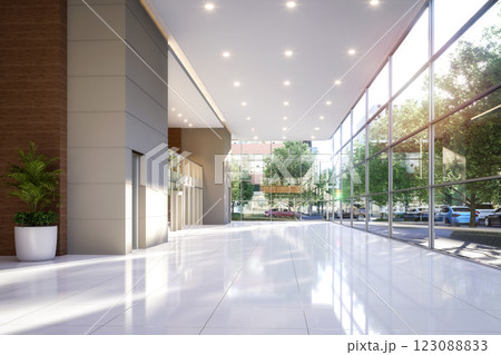 Modern interior office hall with traffic outside as background 3d render 123088833