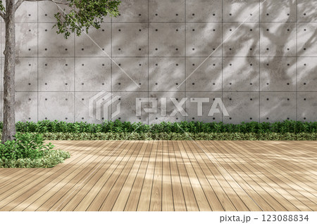 Modern contemporary empty wooden terrace with blank concrete wall 3d render Modern contemporary empty wooden terrace with blank concrete wall 3d render 123088834