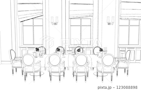 restaurant, 3D illustration, sketch, outline restaurant, 3D illustration, sketch, outline 123088898