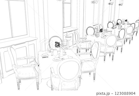 restaurant, 3D illustration, sketch, outline 123088904