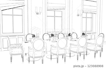 restaurant, 3D illustration, sketch, outline 123088908