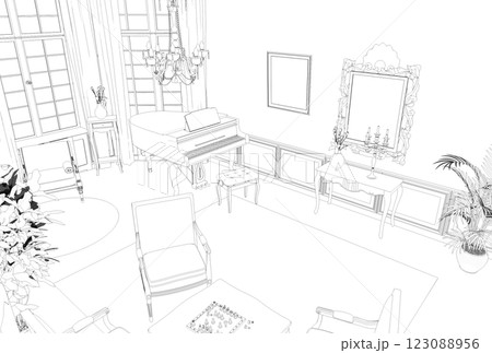 interior contour visualization, 3D illustration, sketch, outline 123088956