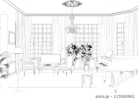 interior contour visualization, 3D illustration, sketch, outline interior contour visualization, 3D illustration, sketch, outline 123088962