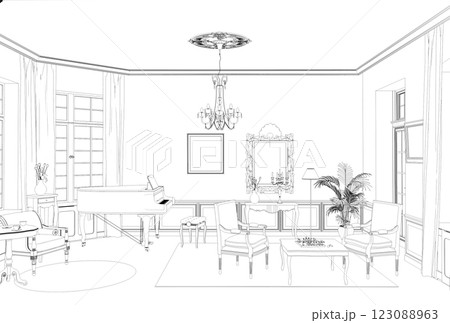 interior contour visualization, 3D illustration, sketch, outline 123088963