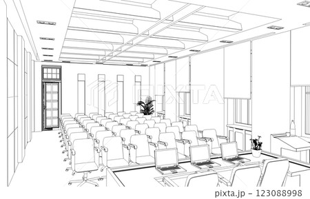 conference room, meeting room, contour visualization, 3D illustration, sketch, outline 123088998