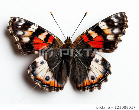A vibrant Red Admiral butterfly with striking orange, black, and white markings resting 123089017