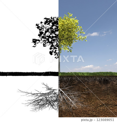 tree with strong and deep roots, 3d render tree with strong and deep roots, 3d render 123089051