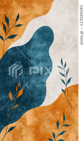 Abstract botanical design with blue and orange wavy patterns and leaves. 123089265