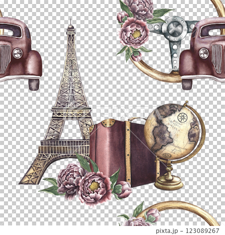 Seamless pattern with retro cars and Eiffel towers, vintage steering wheel, retro suitcases and a globe. Handmade watercolor illustrations. Colorful romantic pattern for textiles, wallpaper, packaging Seamless pattern with retro cars and Eiffel towers, vintage steering wheel, retro suitcases and a globe. Handmade watercolor illustrations. Colorful romantic pattern for textiles, wallpaper, packaging 123089267