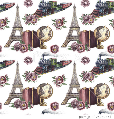 Seamless pattern with vintage train, suitcase, Eiffel tower, globe and peonies. Handmade watercolor illustration. Colorful, delicate, romantic pattern for textiles, wallpaper, packaging, and more. Seamless pattern with vintage train, suitcase, Eiffel tower, globe and peonies. Handmade watercolor illustration. Colorful, delicate, romantic pattern for textiles, wallpaper, packaging, and more. 123089271