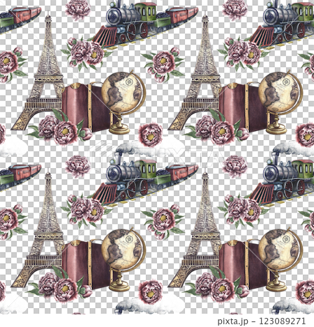 Seamless pattern with vintage train, suitcase, Eiffel tower, globe and peonies. Handmade watercolor illustration. Colorful, delicate, romantic pattern for textiles, wallpaper, packaging, and more. Seamless pattern with vintage train, suitcase, Eiffel tower, globe and peonies. Handmade watercolor illustration. Colorful, delicate, romantic pattern for textiles, wallpaper, packaging, and more. 123089271