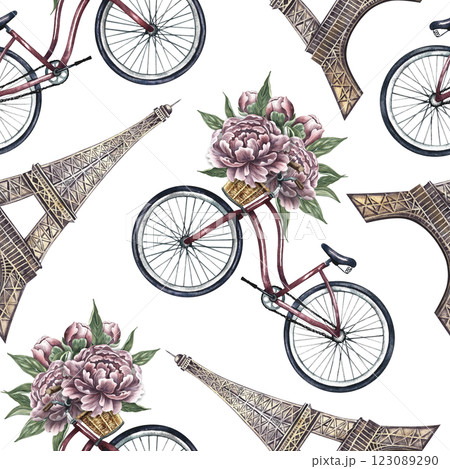 Seamless pattern with Eiffel towers, retro bicycles and peonies. Handmade watercolor illustration. A colorful, gentle, romantic image. For textiles, wallpaper and wrapping paper. Seamless pattern with Eiffel towers, retro bicycles and peonies. Handmade watercolor illustration. A colorful, gentle, romantic image. For textiles, wallpaper and wrapping paper. 123089290