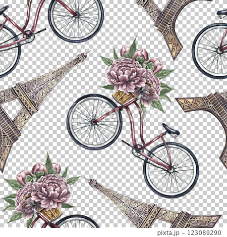 Seamless pattern with Eiffel towers, retro bicycles and peonies. Handmade watercolor illustration. A colorful, gentle, romantic image. For textiles, wallpaper and wrapping paper. Seamless pattern with Eiffel towers, retro bicycles and peonies. Handmade watercolor illustration. A colorful, gentle, romantic image. For textiles, wallpaper and wrapping paper. 123089290