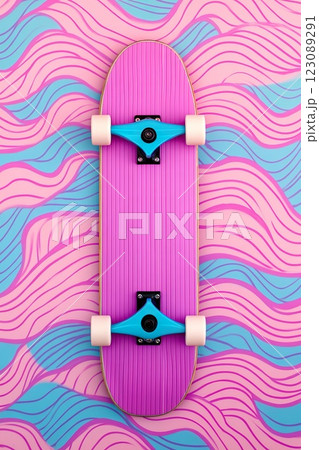 Pink skateboard on colorful wavy background with striped design. Pink skateboard on colorful wavy background with striped design. 123089291