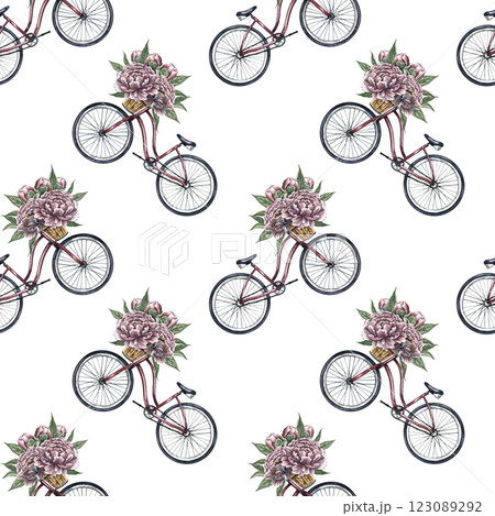 Seamless pattern with retro bikes and peonies. Handmade watercolor illustration. A colorful, gentle, romantic image. For textiles, wallpaper and wrapping paper. Seamless pattern with retro bikes and peonies. Handmade watercolor illustration. A colorful, gentle, romantic image. For textiles, wallpaper and wrapping paper. 123089292
