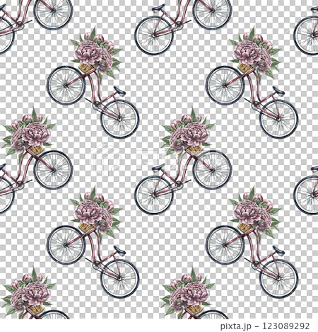 Seamless pattern with retro bikes and peonies. Handmade watercolor illustration. A colorful, gentle, romantic image. For textiles, wallpaper and wrapping paper. Seamless pattern with retro bikes and peonies. Handmade watercolor illustration. A colorful, gentle, romantic image. For textiles, wallpaper and wrapping paper. 123089292