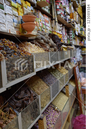 Gum arabic and spices displayed in a local bazaar market in Marrakesh Gum arabic and spices displayed in a local bazaar market in Marrakesh 123089384