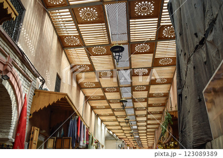 Side view of the corridors of the souk inside the Medina of Marrakech Side view of the corridors of the souk inside the Medina of Marrakech 123089389