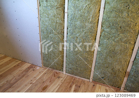 Wooden frame for future walls with drywall plates insulated with rock wool and fiberglass insulation staff for cold barrier. Comfortable warm home, economy, construction and renovation concept. 123089469