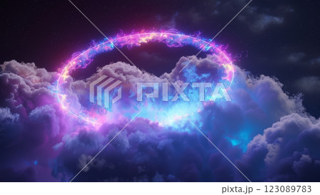 Neon light illuminates the abstract clouds, creating a mesmerizing aura in the dark cosmic sky, inspiring wonder and imagination 123089783