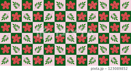 Seamless pattern with red meadow flowers and branches, on checked pink and green background, vector Seamless pattern with red meadow flowers and branches, on checked pink and green background, vector 123089852