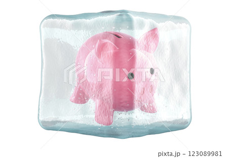 Piggy bank frozen in ice cube, 3D rendering Piggy bank frozen in ice cube, 3D rendering 123089981