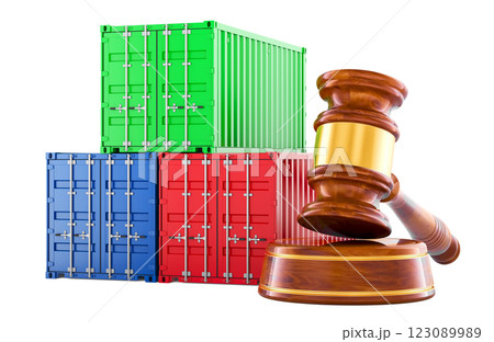Wooden Gavel with Cargo Containers. 3D rendering 123089989