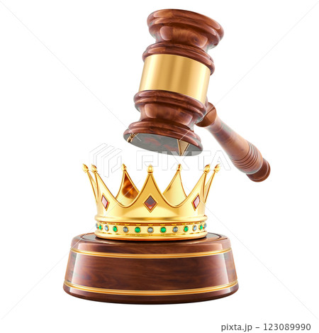 Wooden Gavel with Gold Royal Crown, 3D rendering 123089990