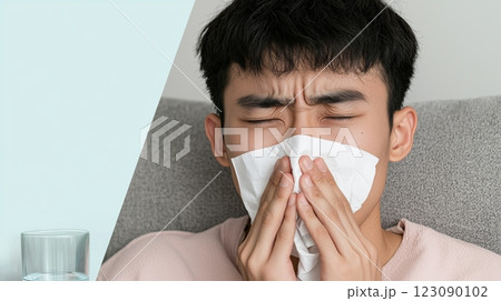 Close-up of a young Asian man sneezing into a tissue while sitting on a couch. A concept of seasonal allergies, flu, cold, and respiratory illness 123090102