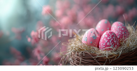 Hand-painted Easter eggs in vibrant pastels arranged in a wicker basket with spring flowers 123090253